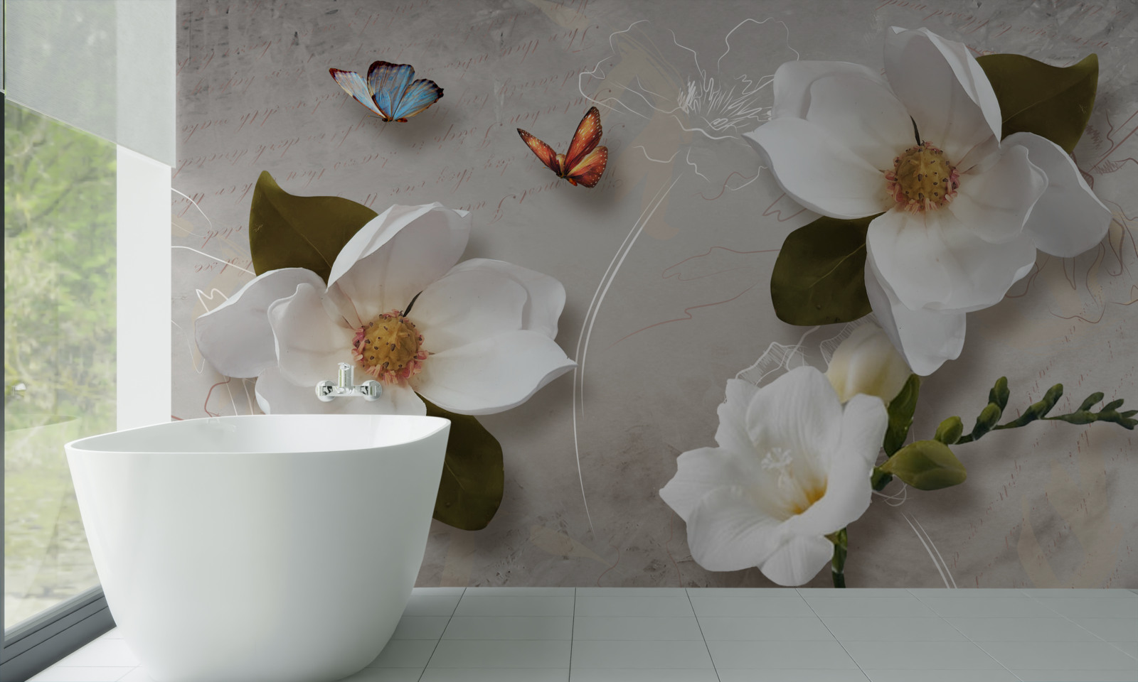 Papier peint deux papillons survolent des fleurs blanches comme la neige