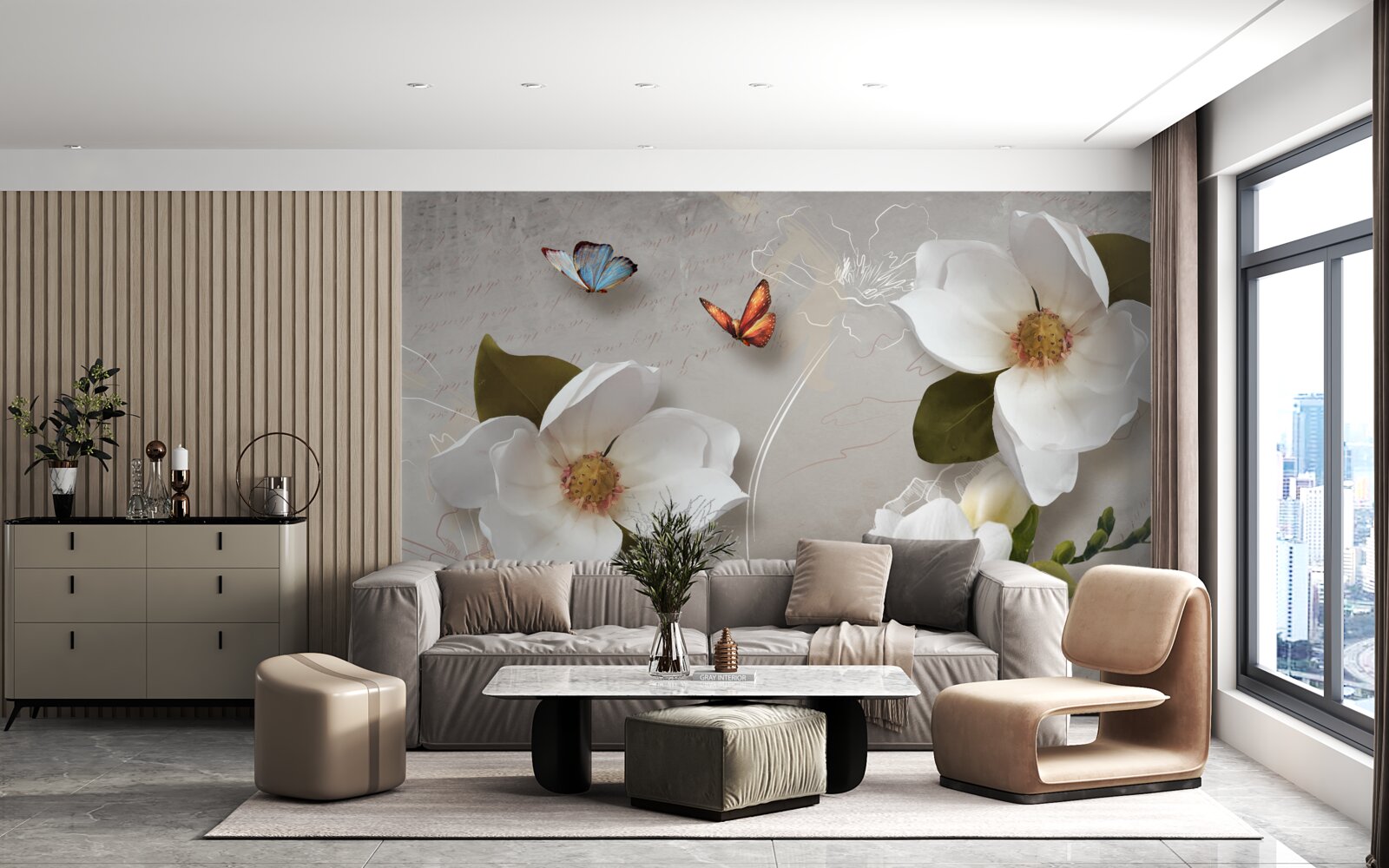 Papier peint deux papillons survolent des fleurs blanches comme la neige