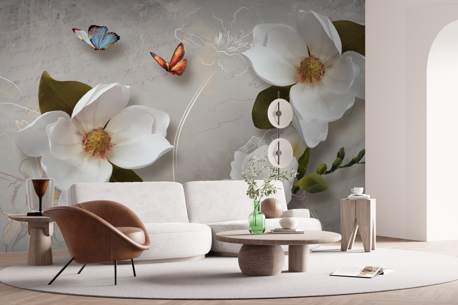 Papier peint deux papillons survolent des fleurs blanches comme la neige