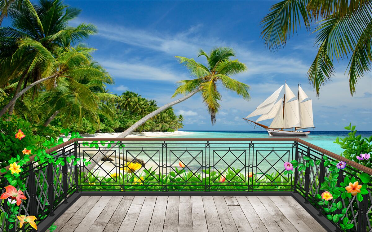 Papier peint bord de mer avec balcon