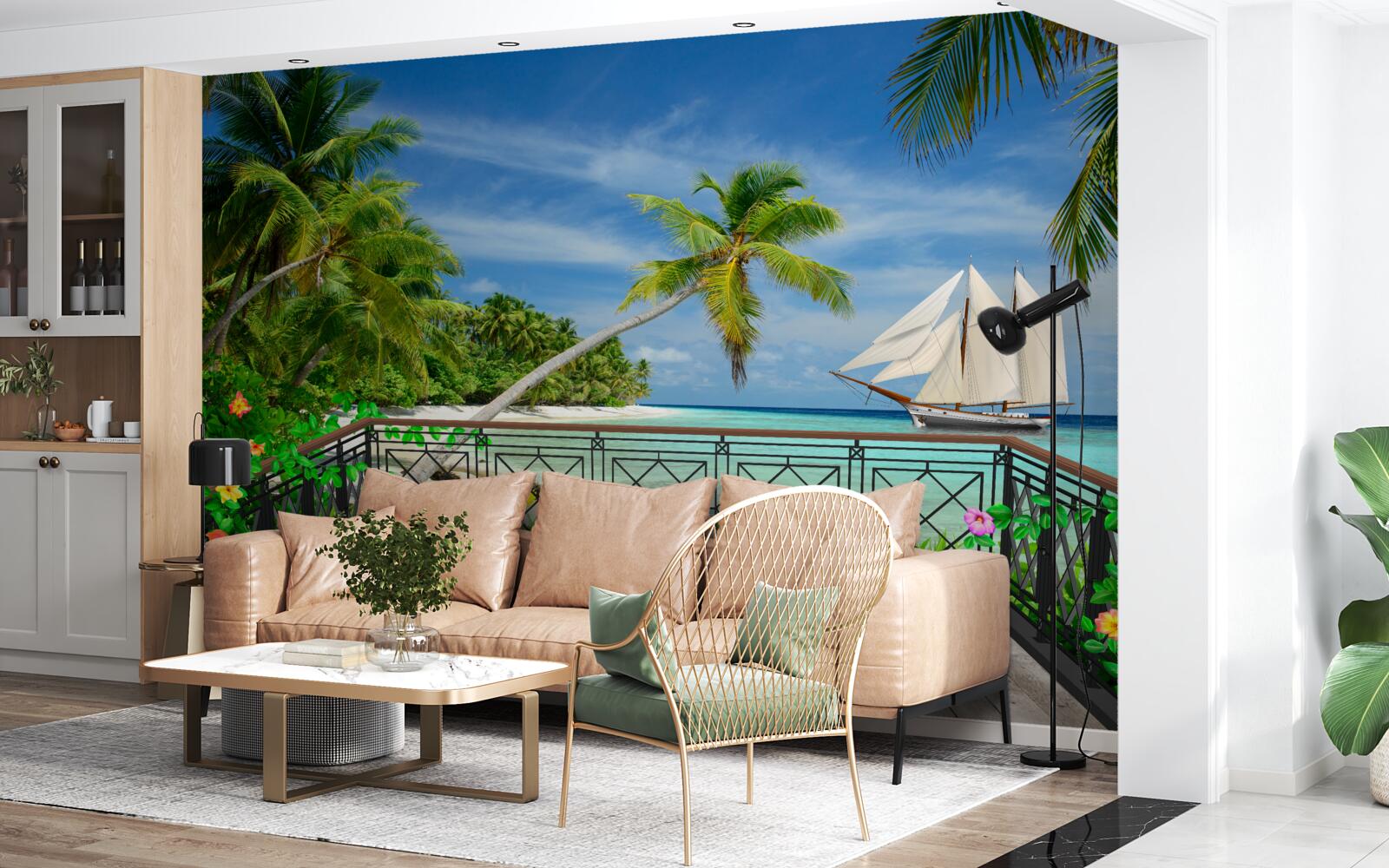 Papier peint bord de mer avec balcon