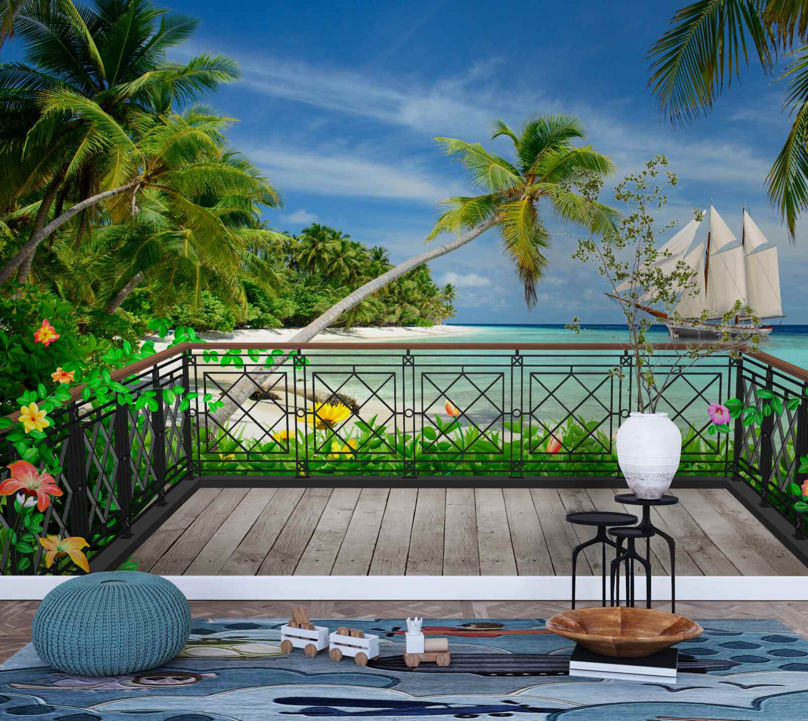 Papier peint bord de mer avec balcon