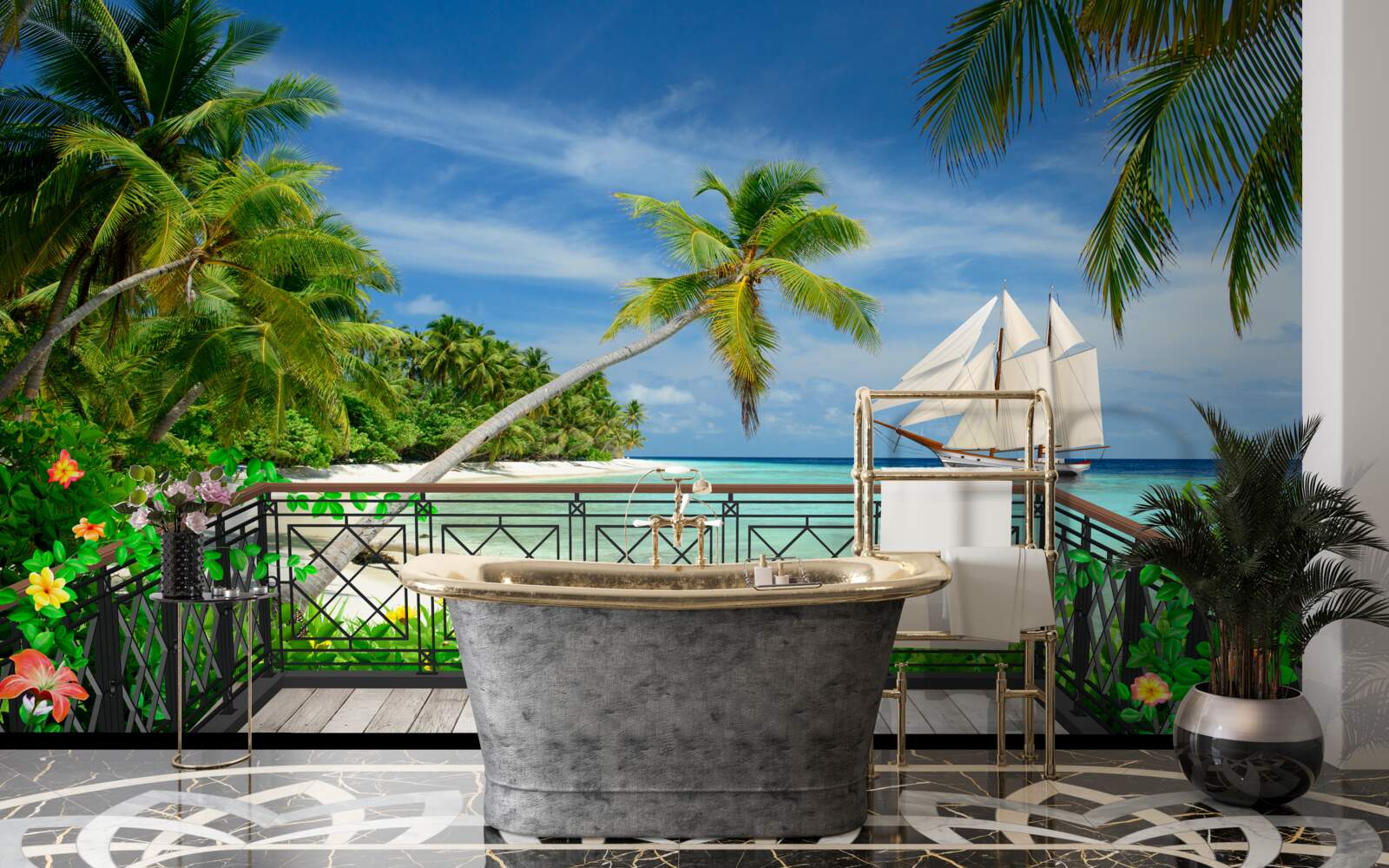 Papier peint bord de mer avec balcon