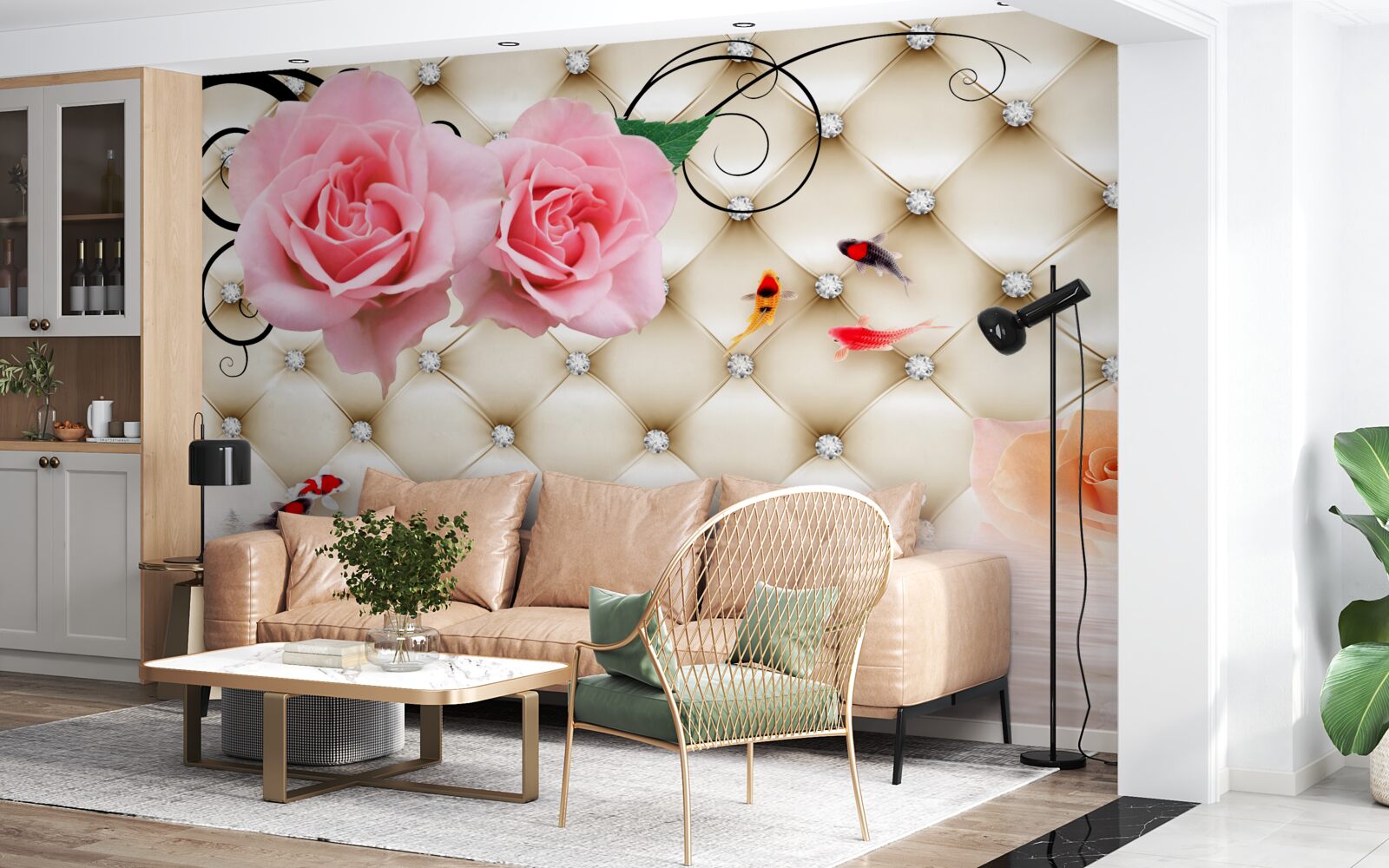 Papier peint des papillons et des roses sur les éléments vitaux