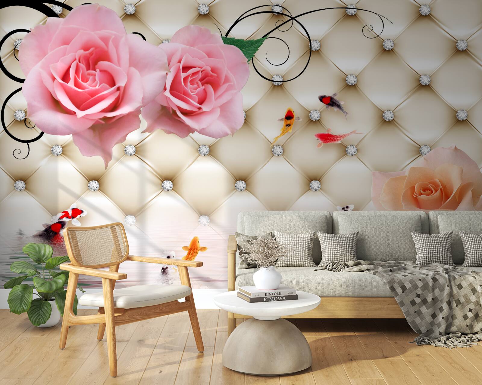 Papier peint des papillons et des roses sur les éléments vitaux