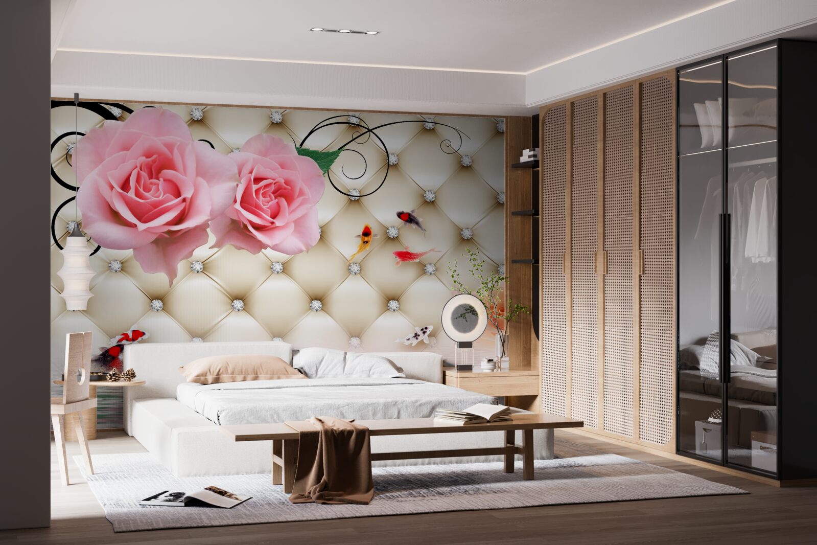 Papier peint des papillons et des roses sur les éléments vitaux