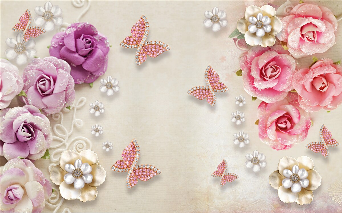 Papier peint les fleurs sont entourées de papillons en pierre