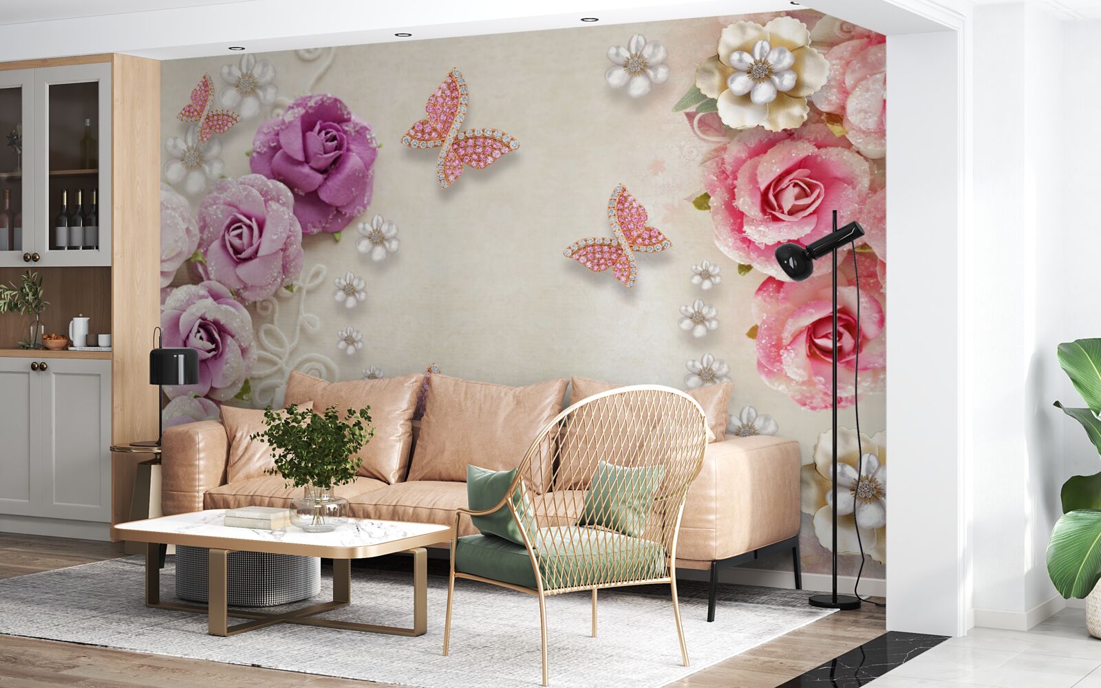 Papier peint les fleurs sont entourées de papillons en pierre