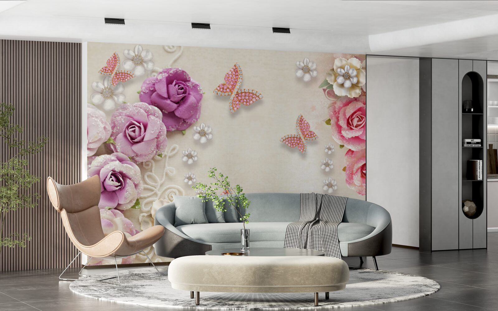 Papier peint les fleurs sont entourées de papillons en pierre