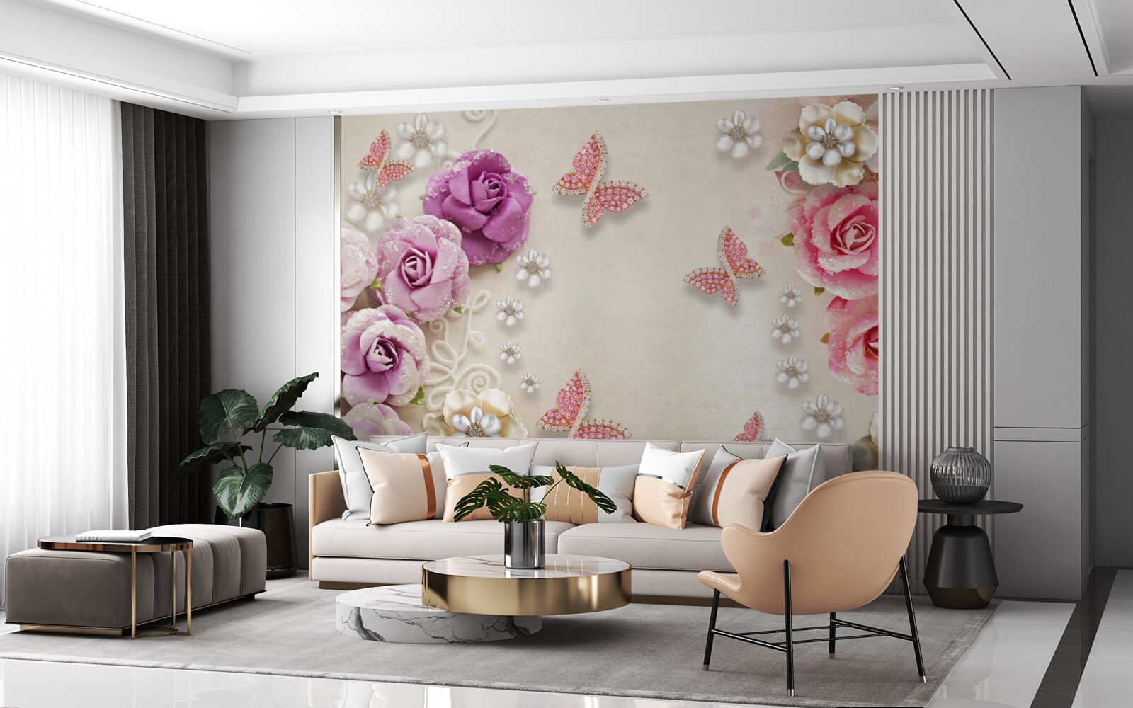 Papier peint les fleurs sont entourées de papillons en pierre