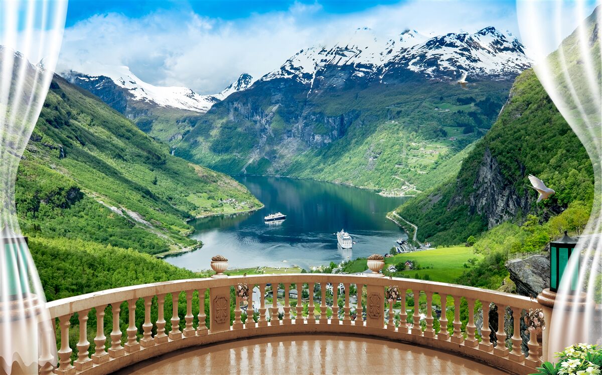 Papier peint terrasse entourée de montagnes avec un lac
