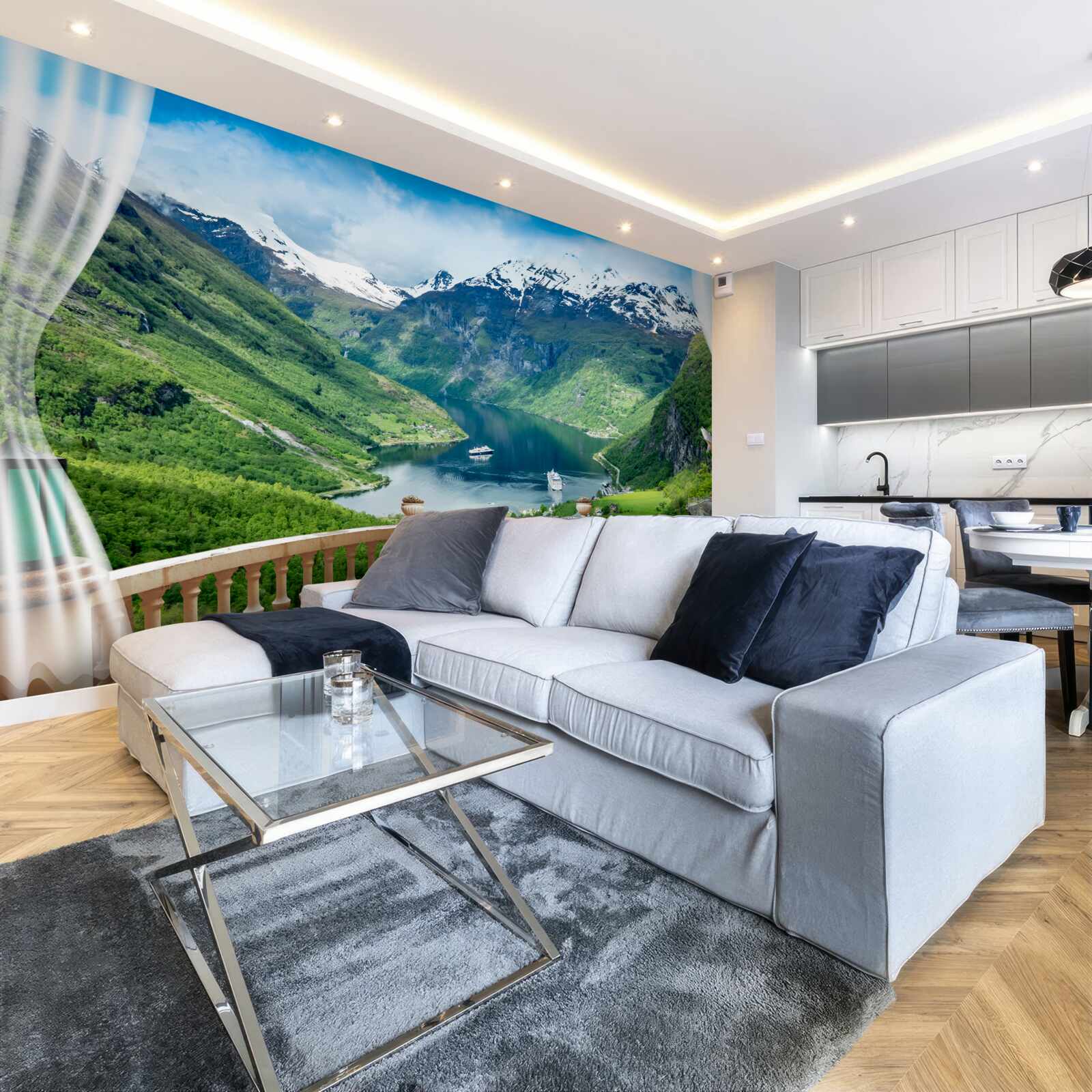 Papier peint terrasse entourée de montagnes avec un lac