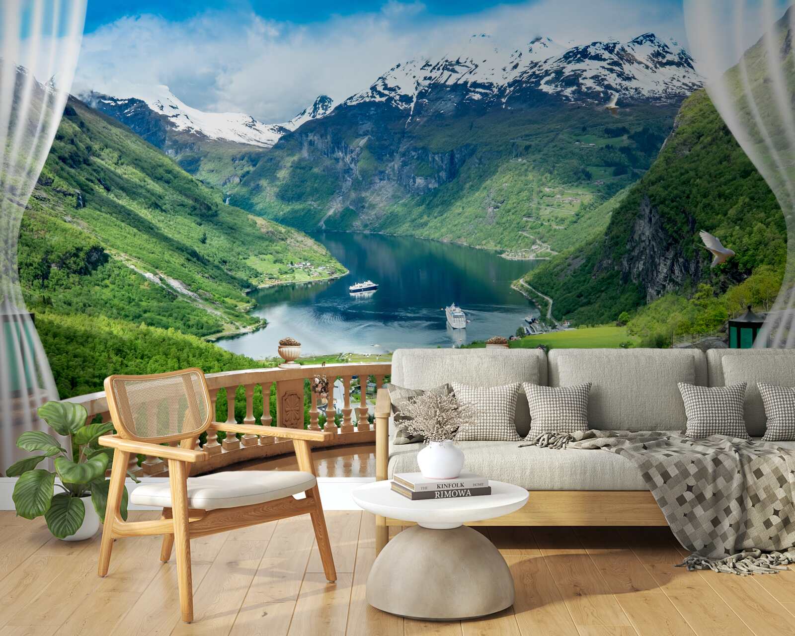 Papier peint terrasse entourée de montagnes avec un lac