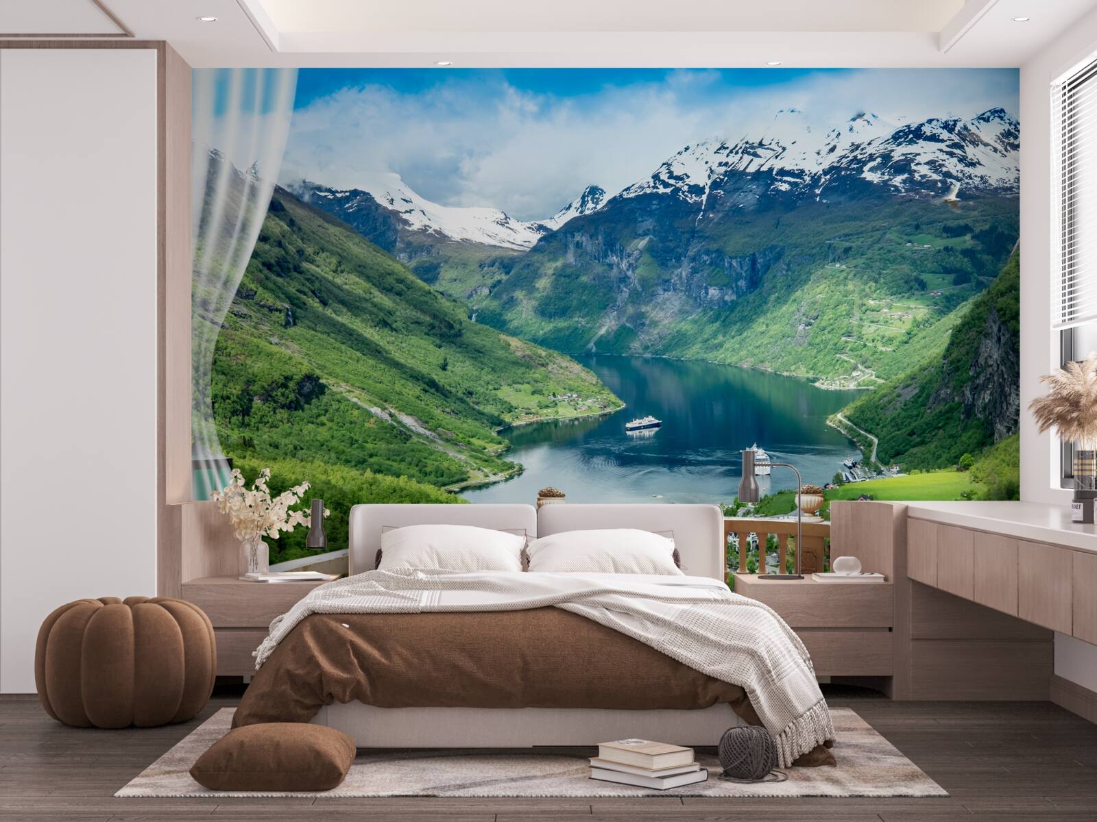 Papier peint terrasse entourée de montagnes avec un lac