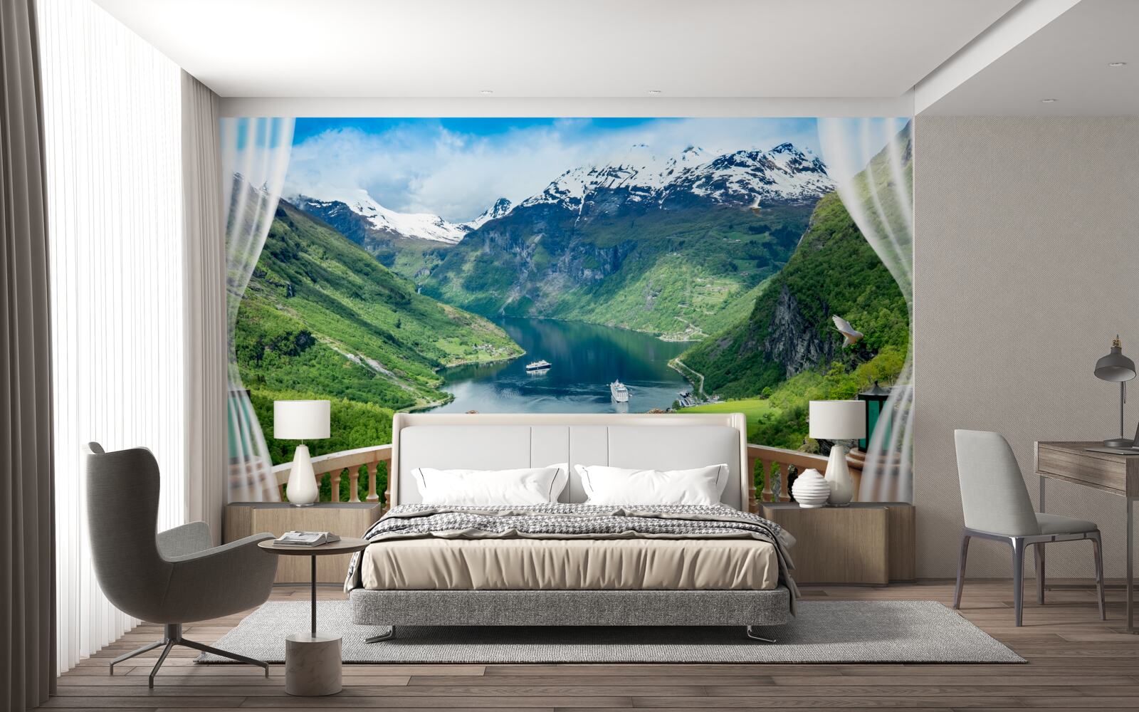 Papier peint terrasse entourée de montagnes avec un lac