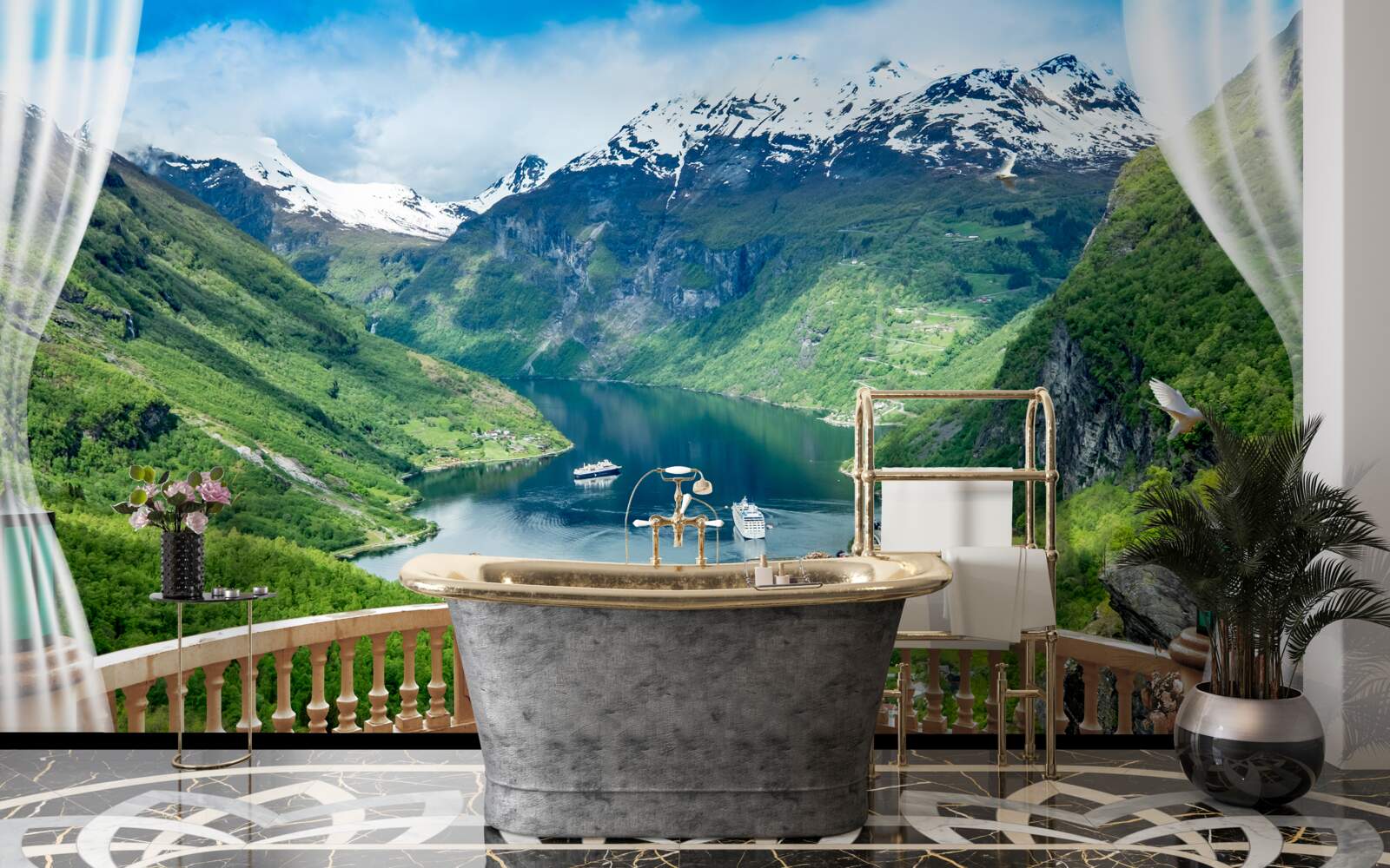 Papier peint terrasse entourée de montagnes avec un lac