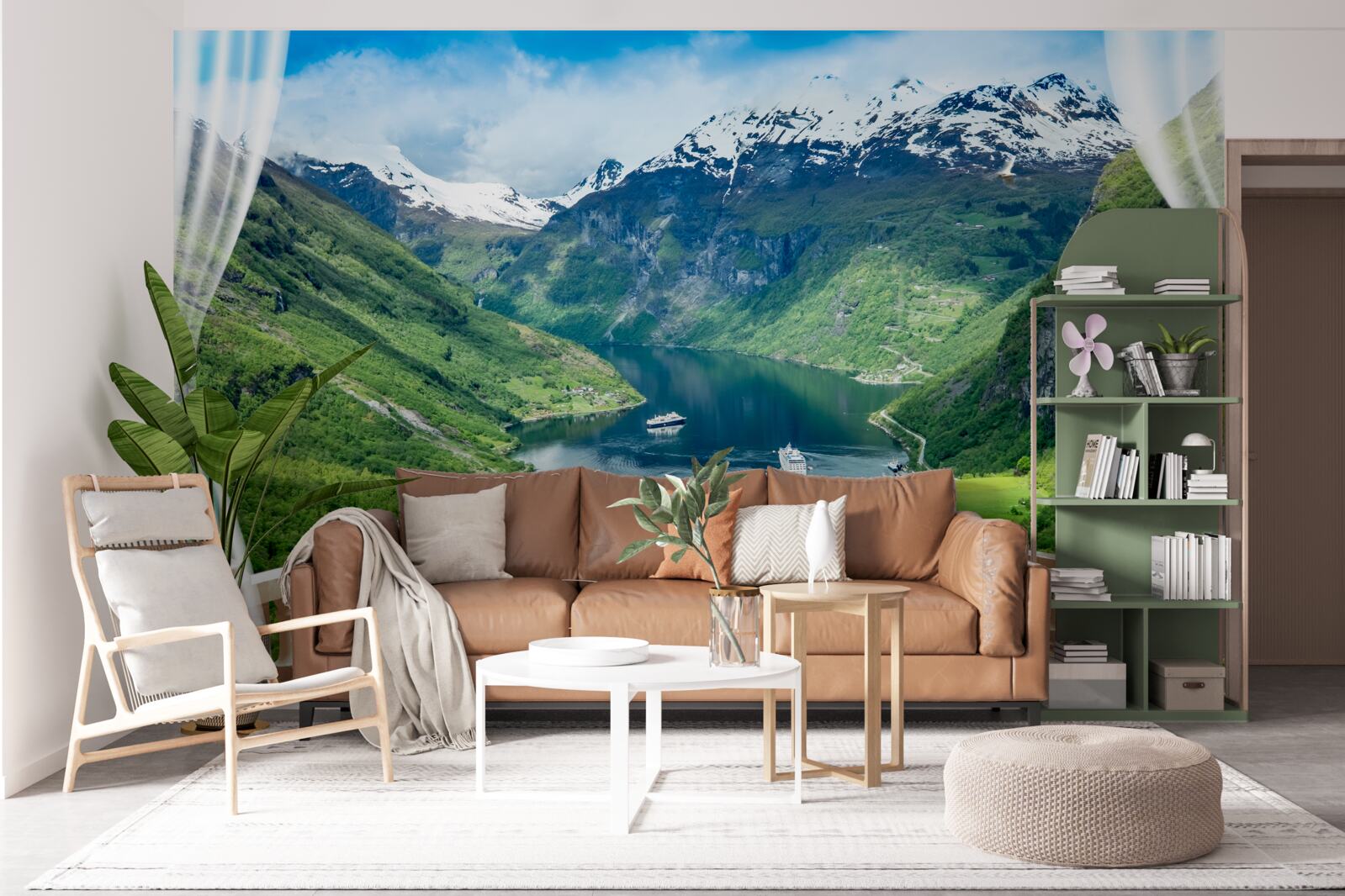 Papier peint terrasse entourée de montagnes avec un lac