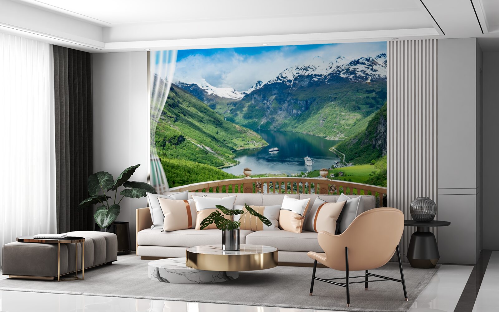 Papier peint terrasse entourée de montagnes avec un lac