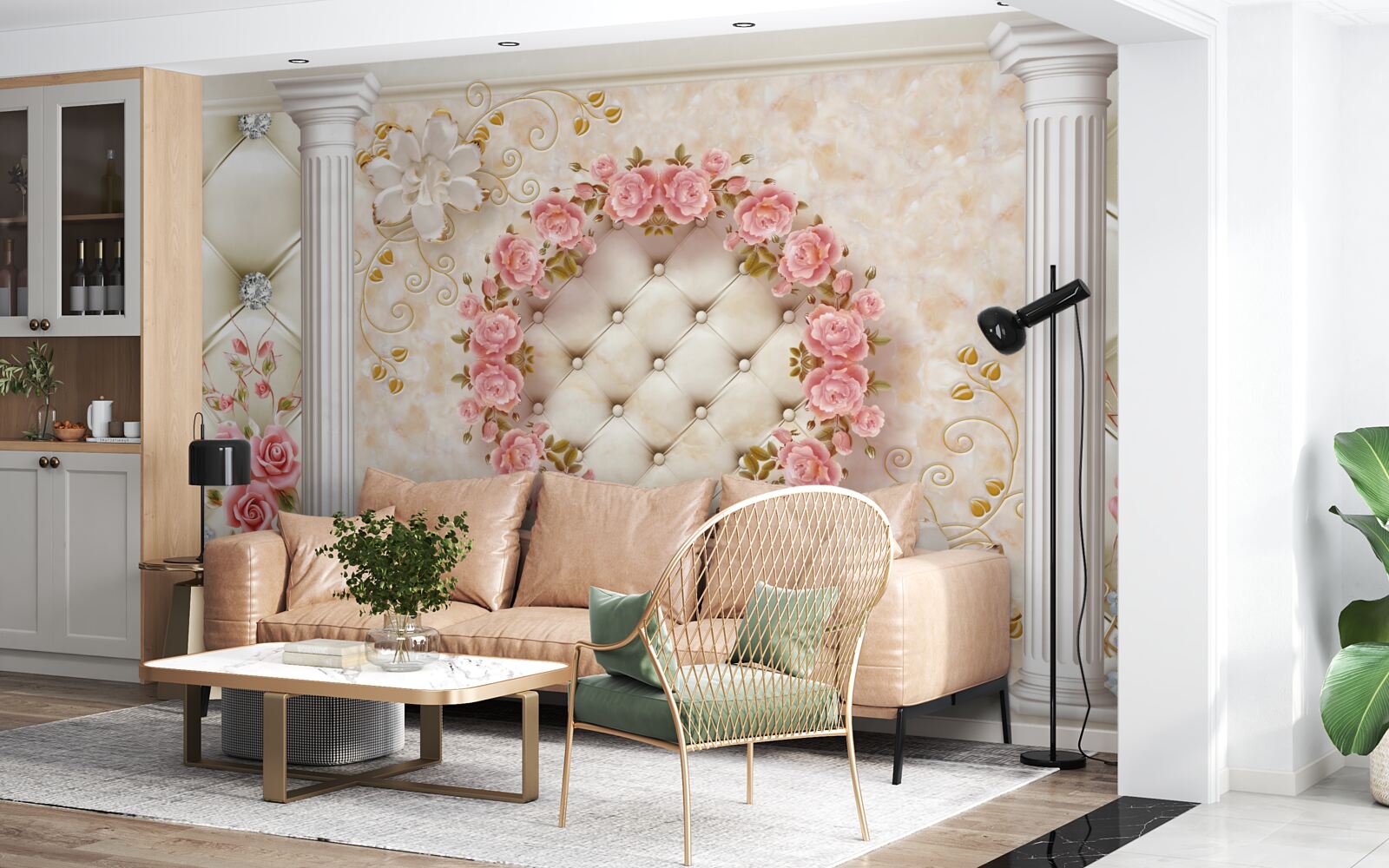 Papier peint une couronne de roses roses est accrochée au mur