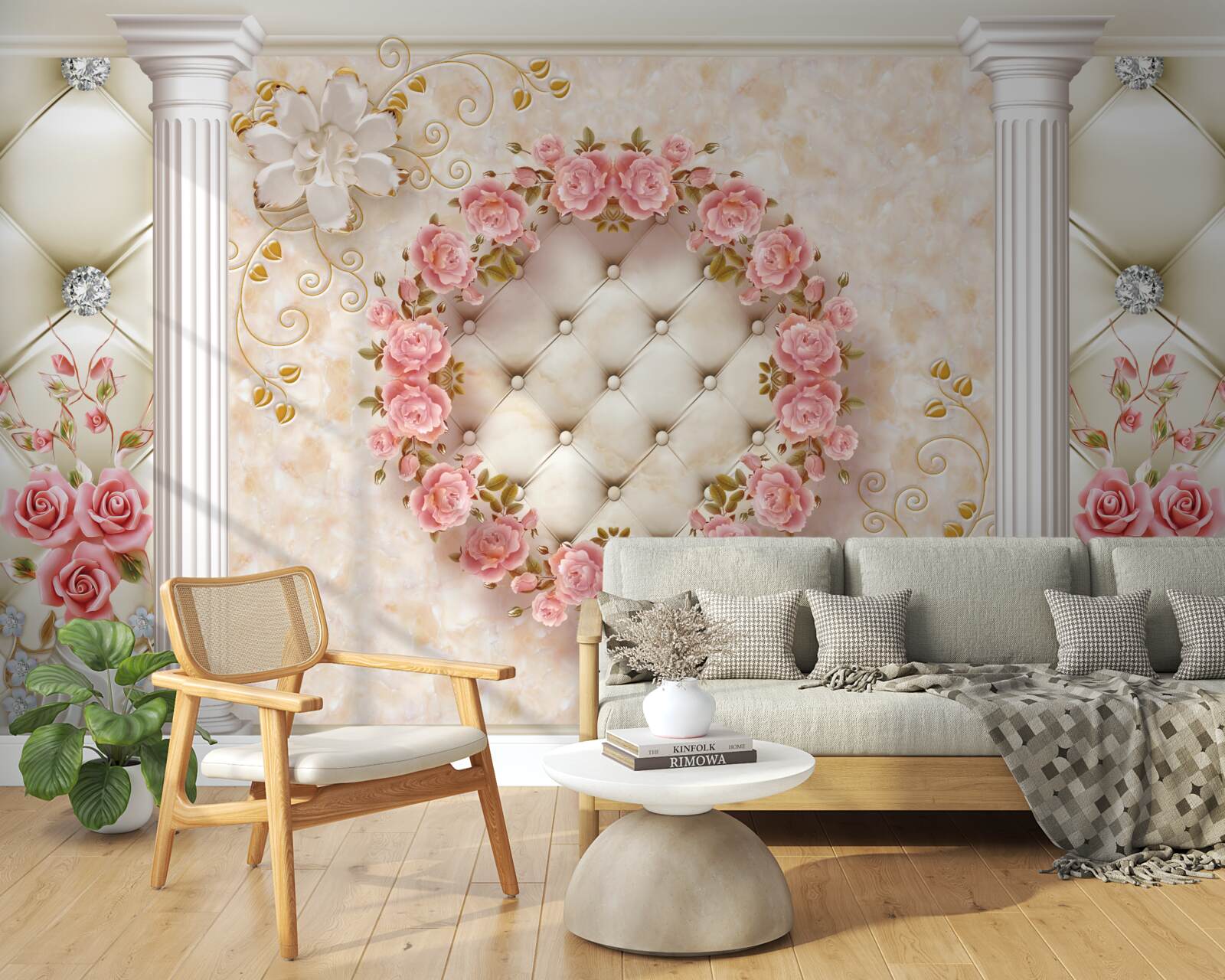 Papier peint une couronne de roses roses est accrochée au mur