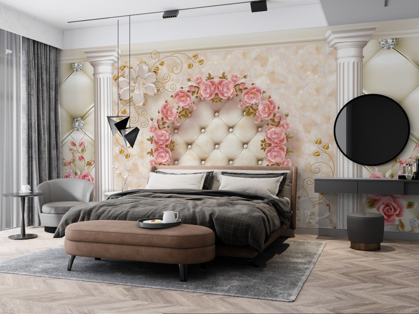 Papier peint une couronne de roses roses est accrochée au mur