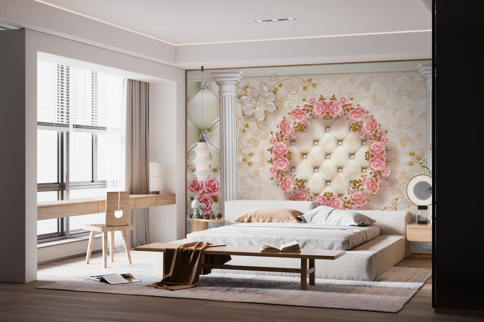 Papier peint une couronne de roses roses est accrochée au mur