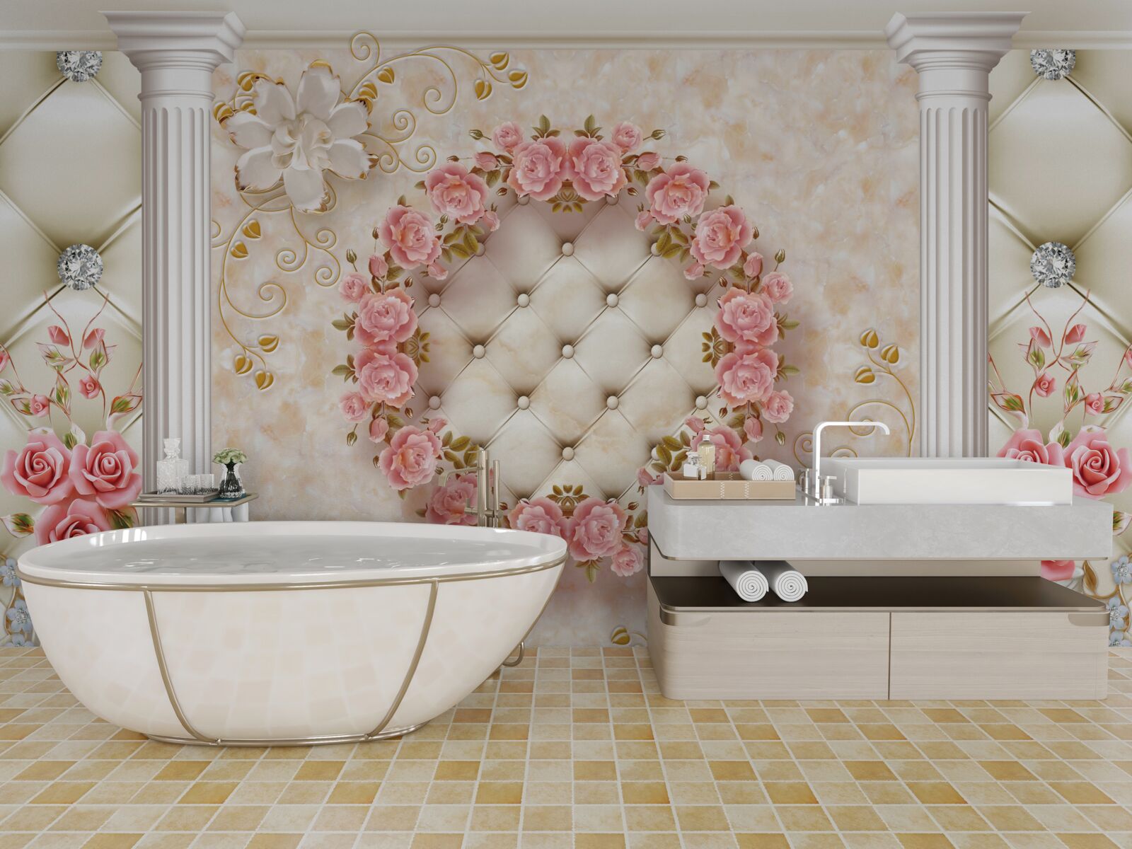 Papier peint une couronne de roses roses est accrochée au mur