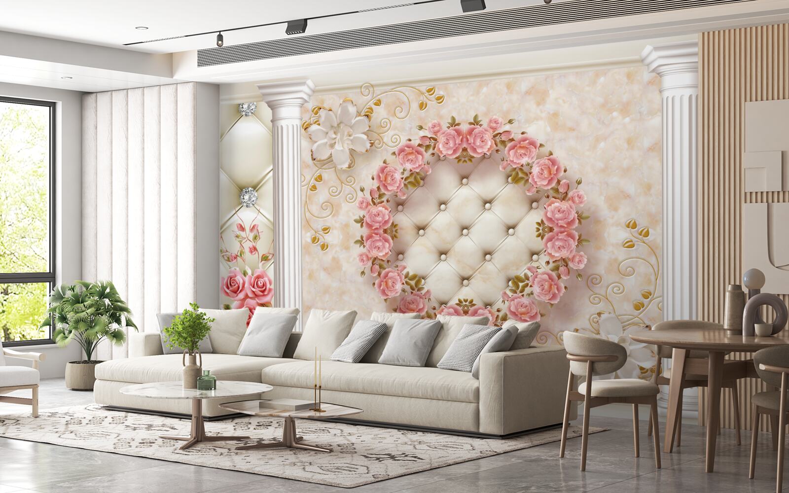 Papier peint une couronne de roses roses est accrochée au mur