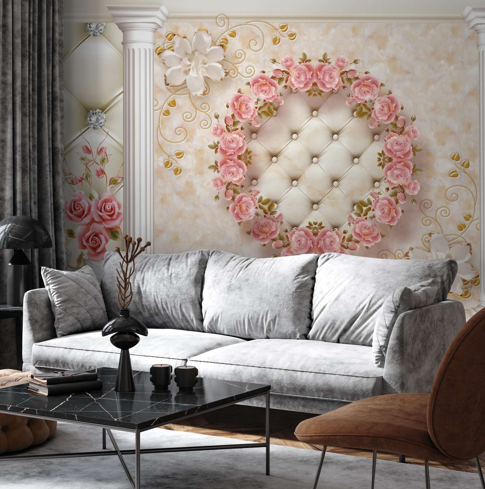 Papier peint une couronne de roses roses est accrochée au mur