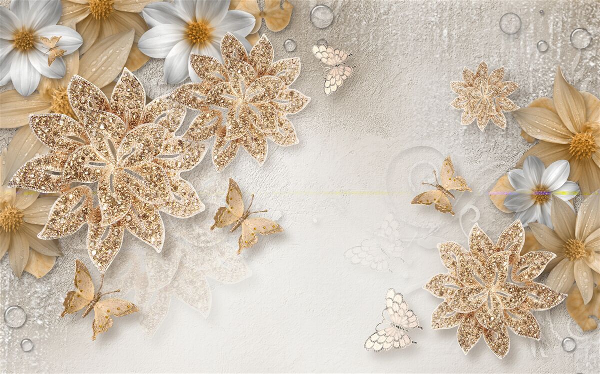 Papier peint des fleurs dans les tons blanc et brun avec des papillons volants