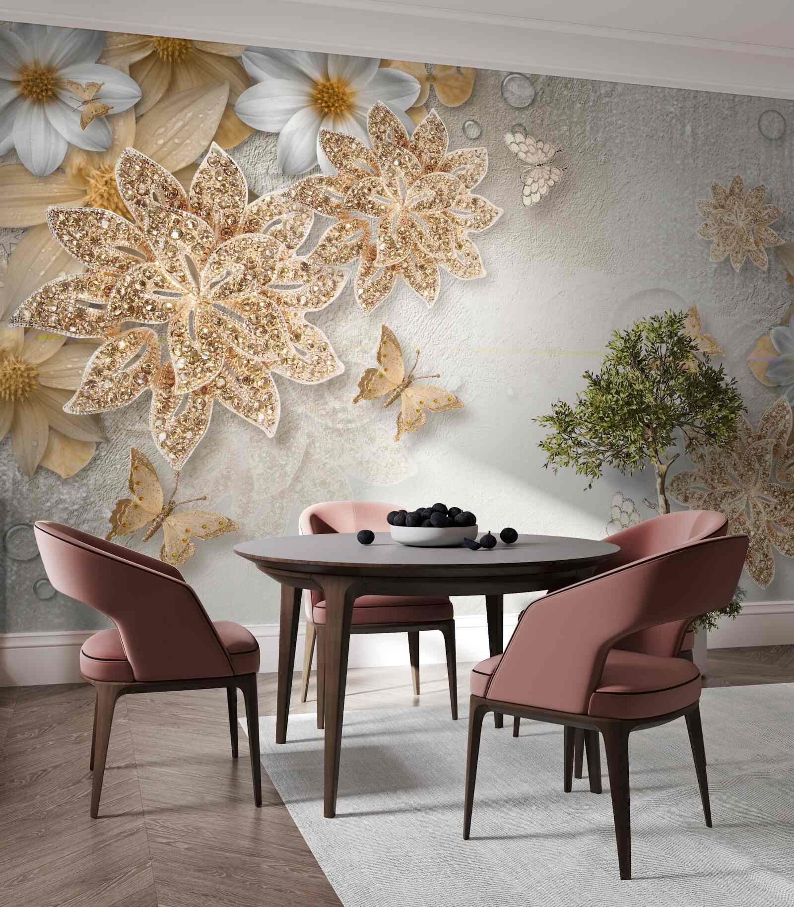 Papier peint des fleurs dans les tons blanc et brun avec des papillons volants