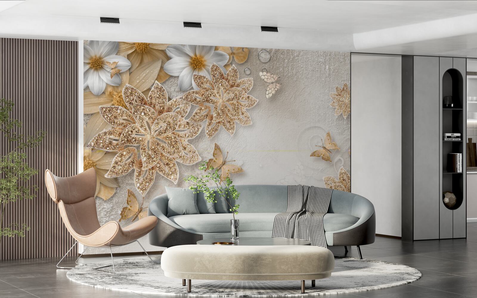 Papier peint des fleurs dans les tons blanc et brun avec des papillons volants