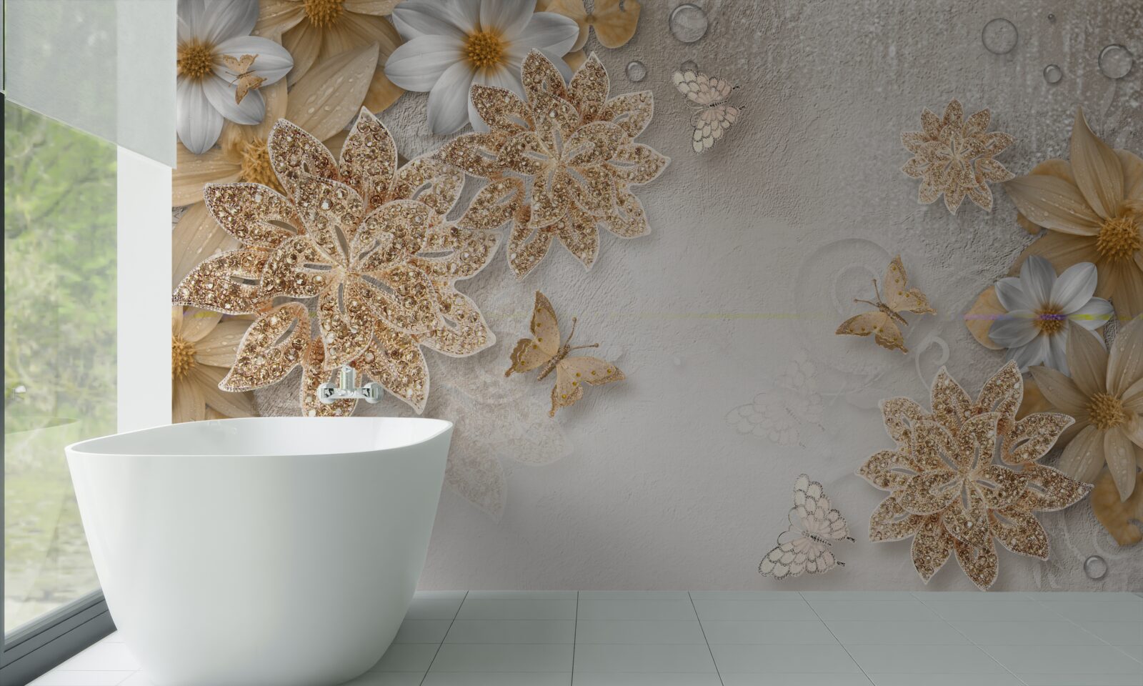 Papier peint des fleurs dans les tons blanc et brun avec des papillons volants