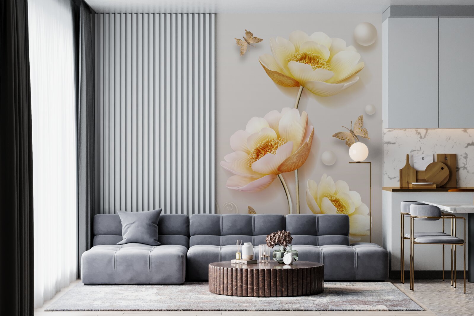 Papier peint papillons, perles et bourgeons