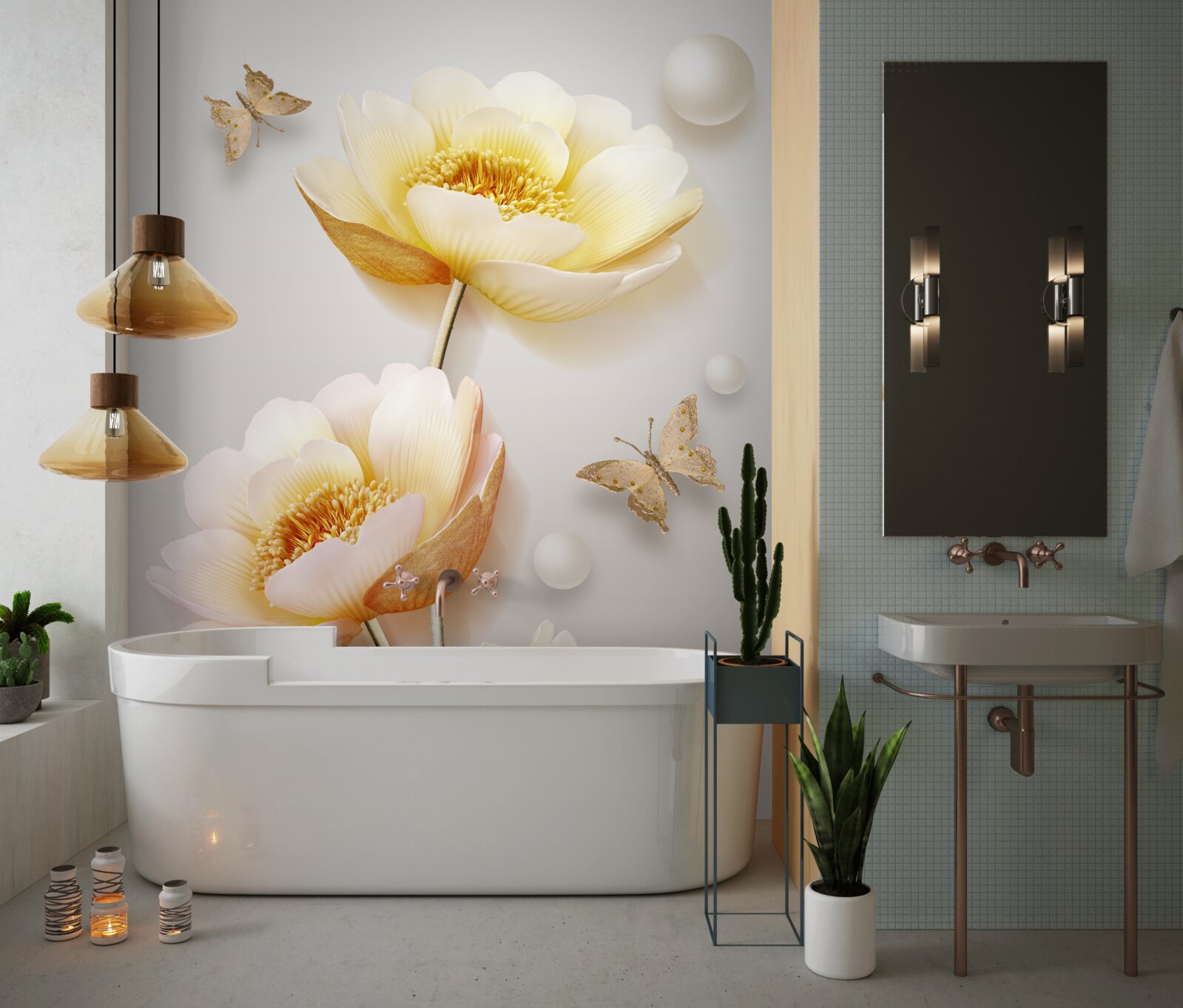 Papier peint papillons, perles et bourgeons