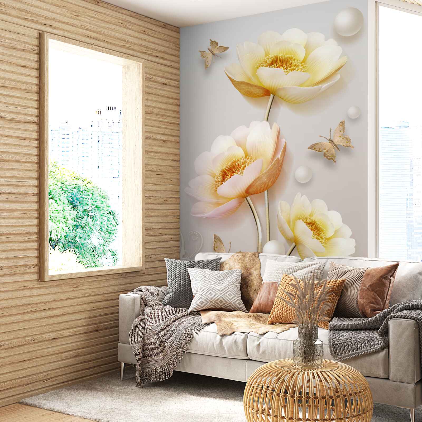 Papier peint papillons, perles et bourgeons