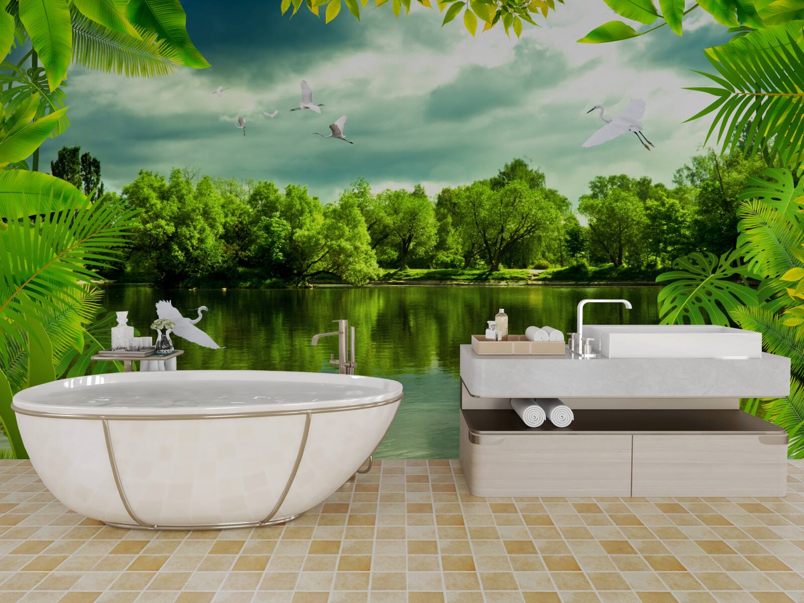 Papier peint lac spectaculaire dans la forêt