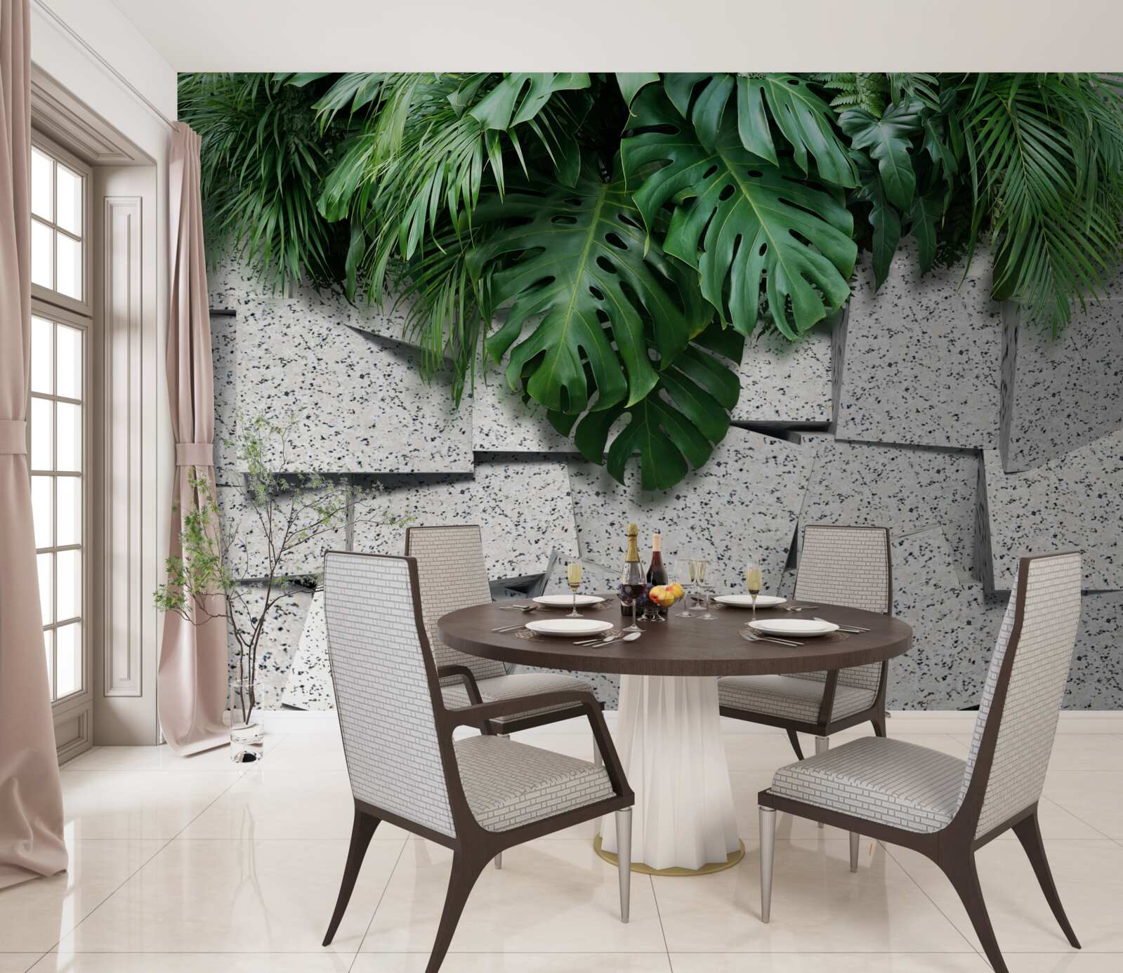 Papier peint monstera dans une atmosphère tropicale sur fond gris