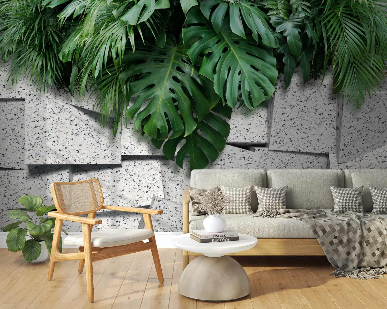Papier peint monstera dans une atmosphère tropicale sur fond gris
