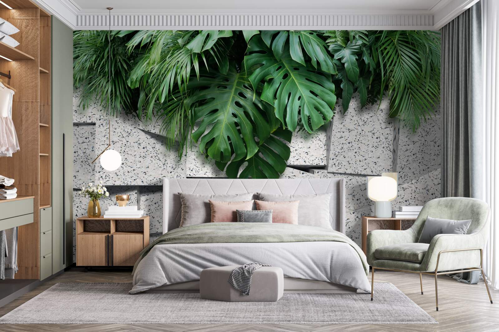 Papier peint monstera dans une atmosphère tropicale sur fond gris
