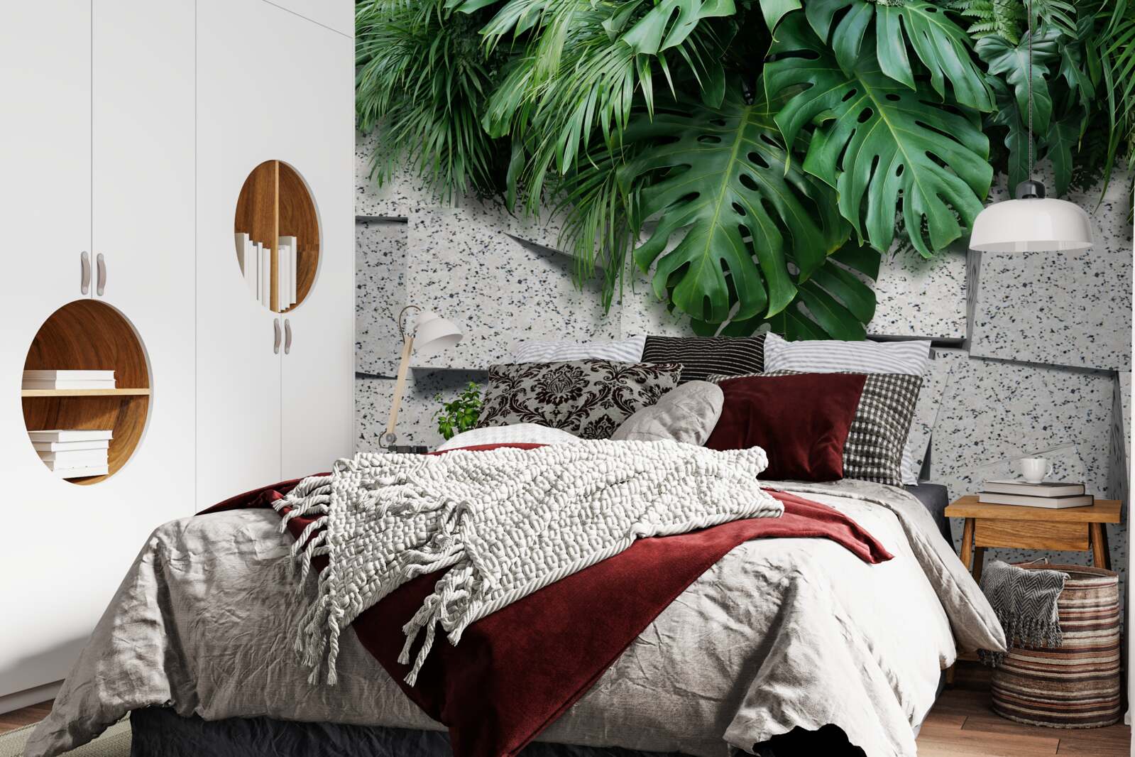 Papier peint monstera dans une atmosphère tropicale sur fond gris