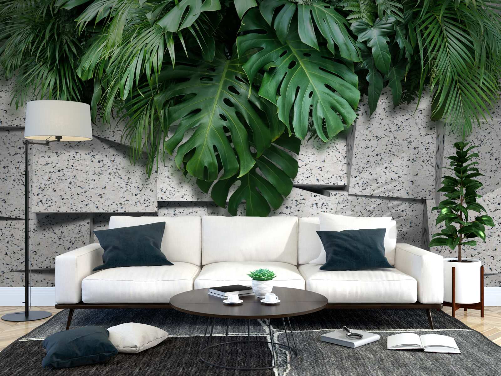 Papier peint monstera dans une atmosphère tropicale sur fond gris