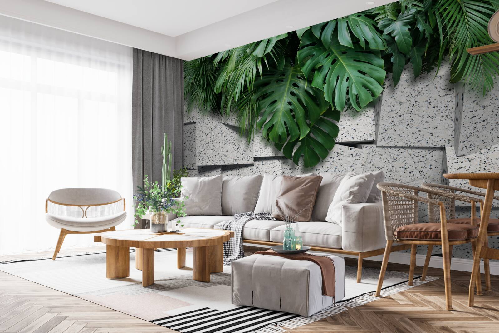 Papier peint monstera dans une atmosphère tropicale sur fond gris