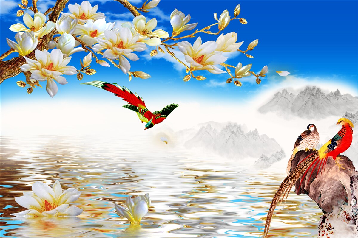 Papier peint de jolis oiseaux près de l'étang