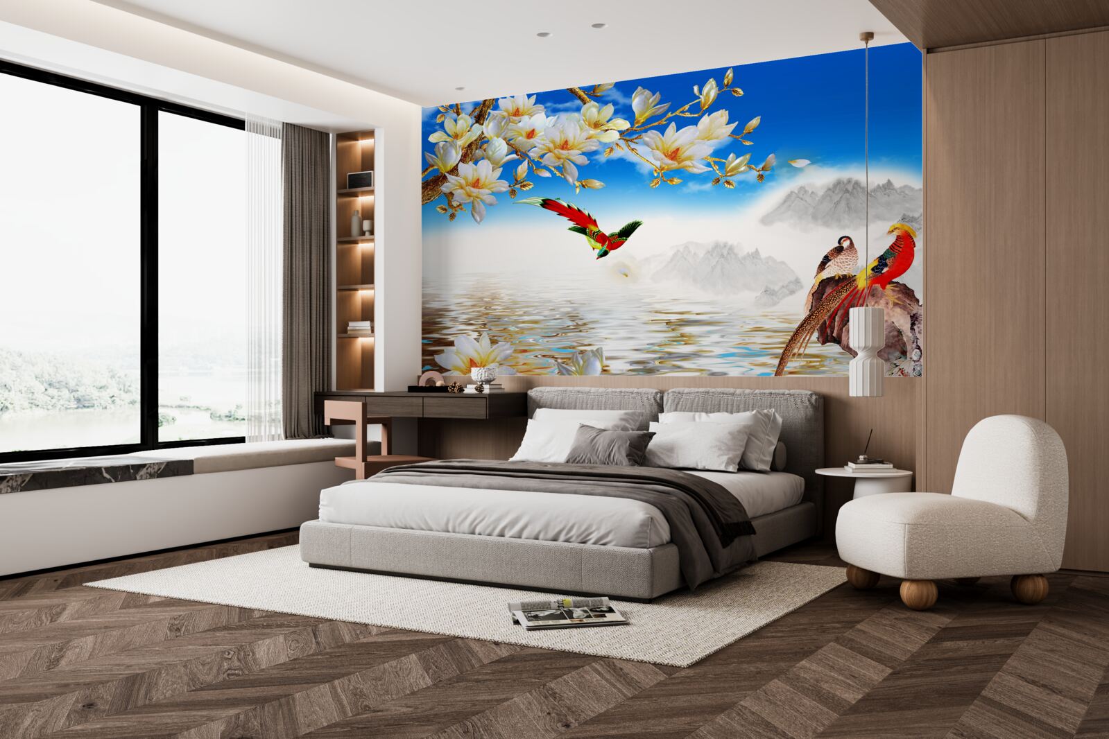 Papier peint de jolis oiseaux près de l'étang