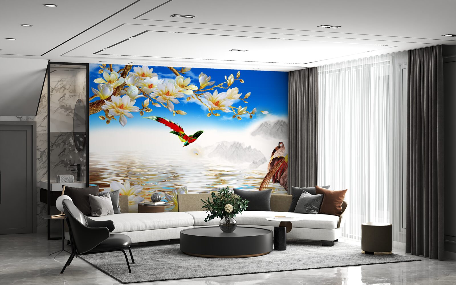 Papier peint de jolis oiseaux près de l'étang