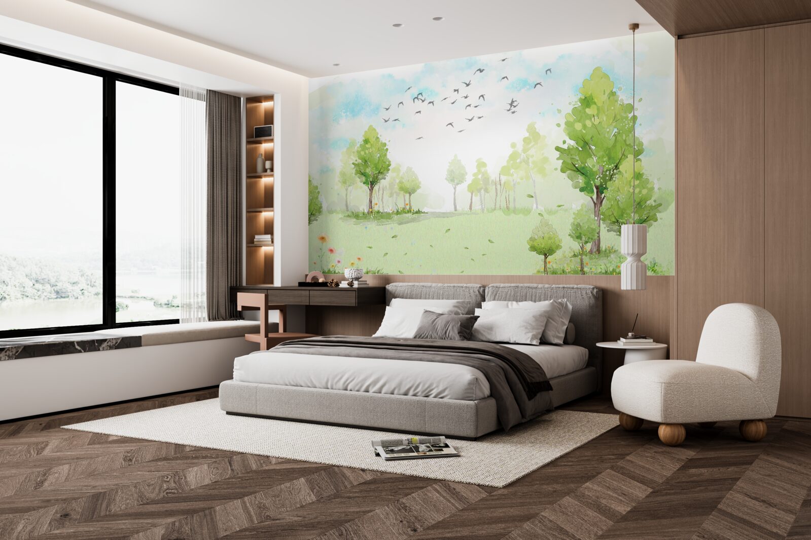 Papier peint vol d'oiseaux entre les arbres