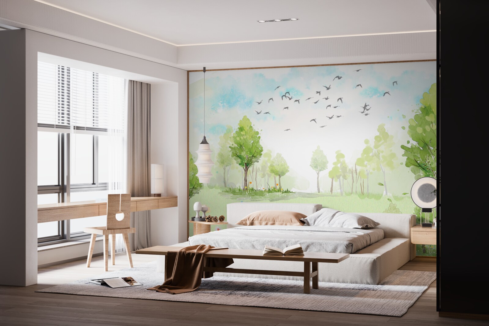 Papier peint vol d'oiseaux entre les arbres