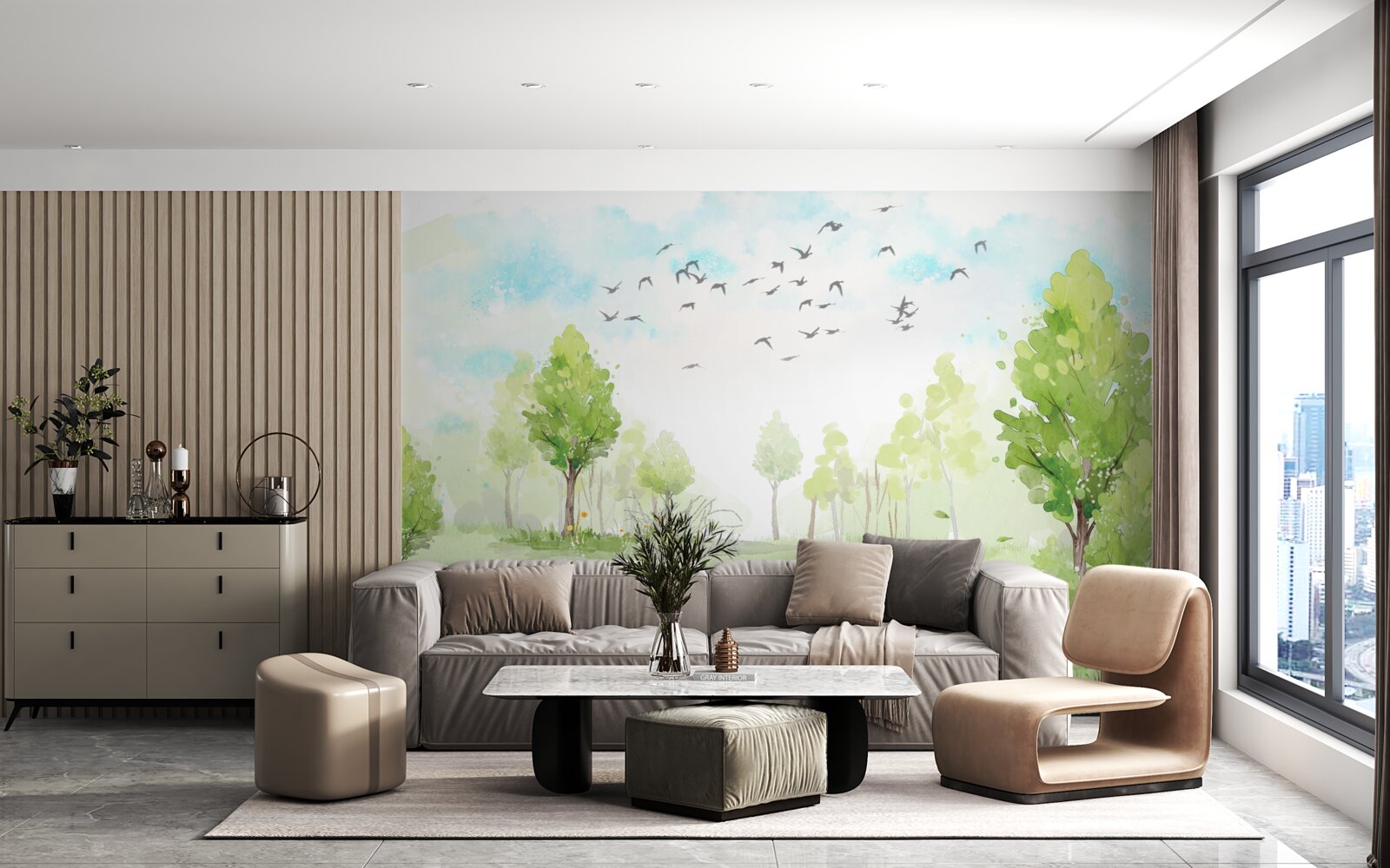 Papier peint vol d'oiseaux entre les arbres