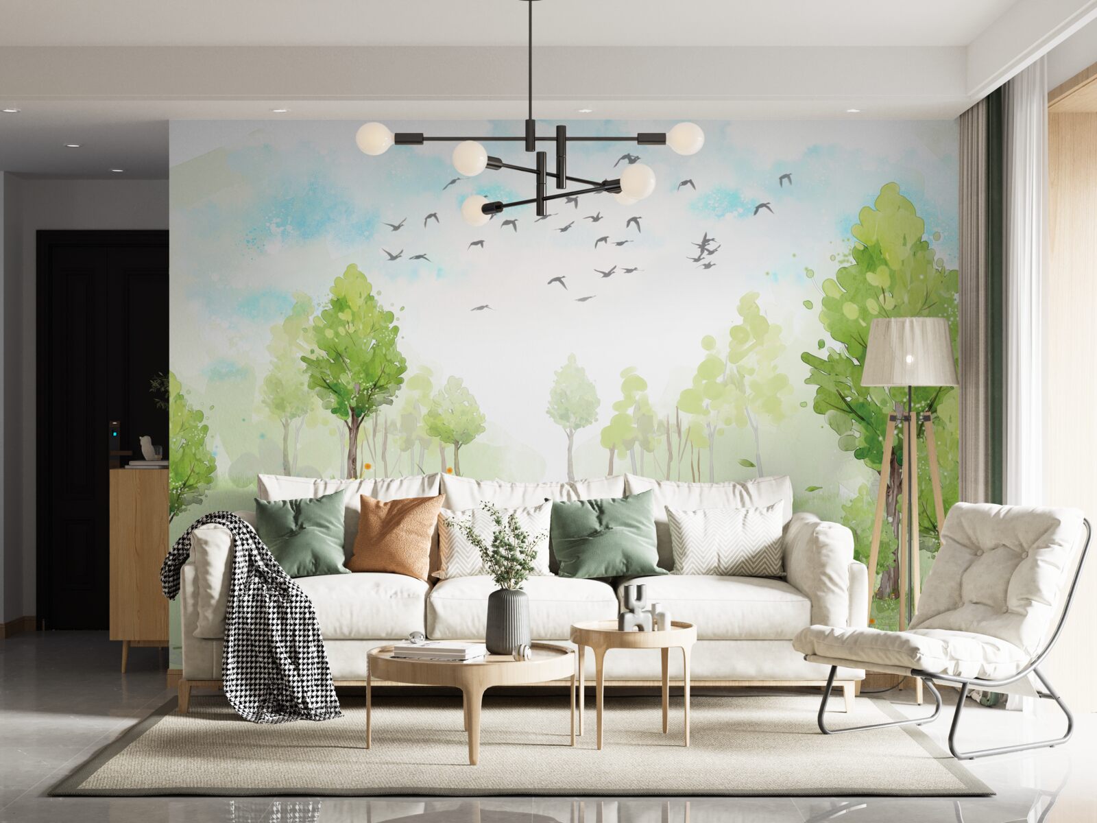 Papier peint vol d'oiseaux entre les arbres